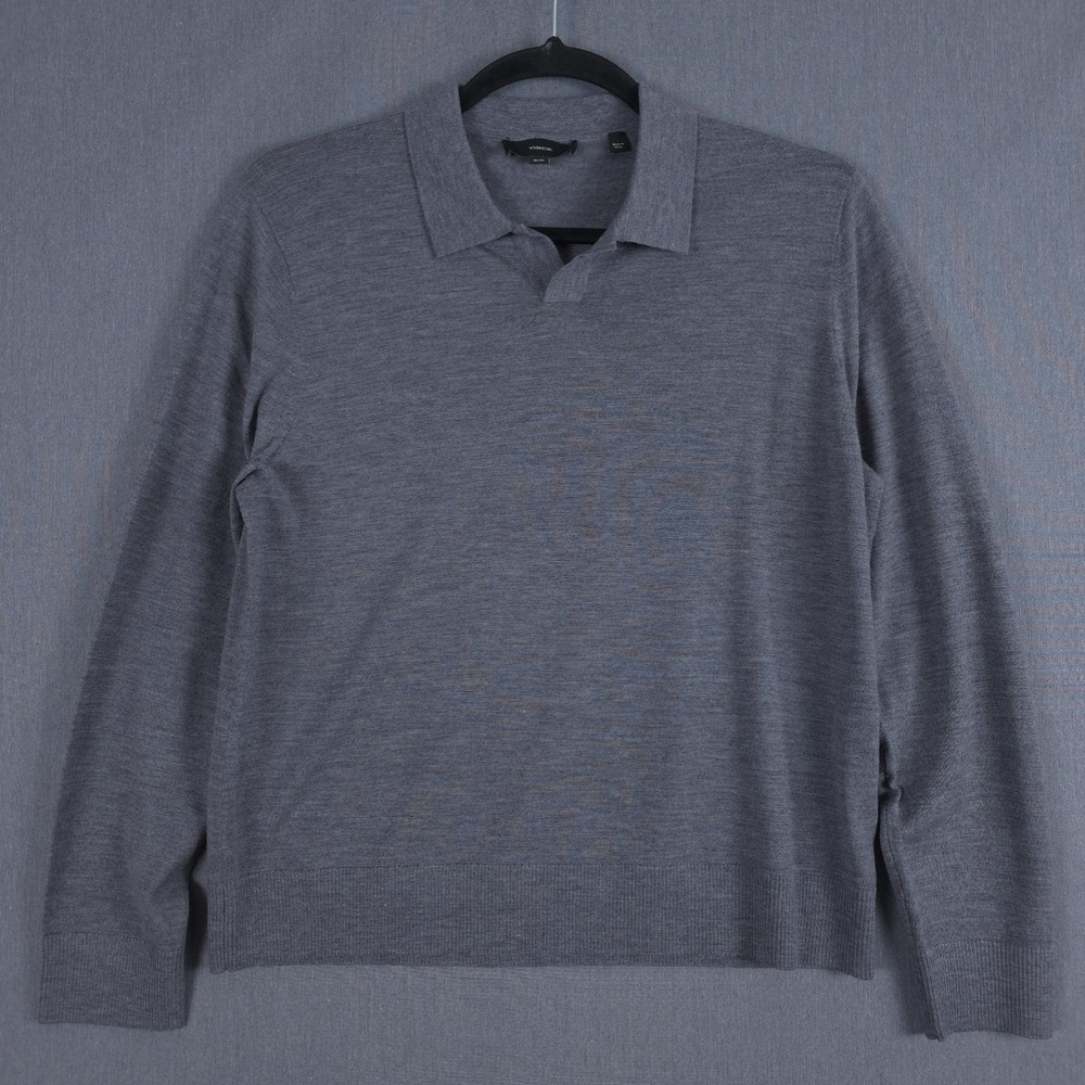 Vince Merino Wool Long Sleeve Johnny Collar Polo Mens XL Heather Gray Sweater‎